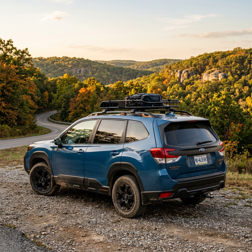 Blue Subaru SUV with a loaded roof rack parked on a gravel overlook along a winding autumn mountain road. (Representative image for illustration purposes only. Actual vehicle may vary based on trim and configuration.)