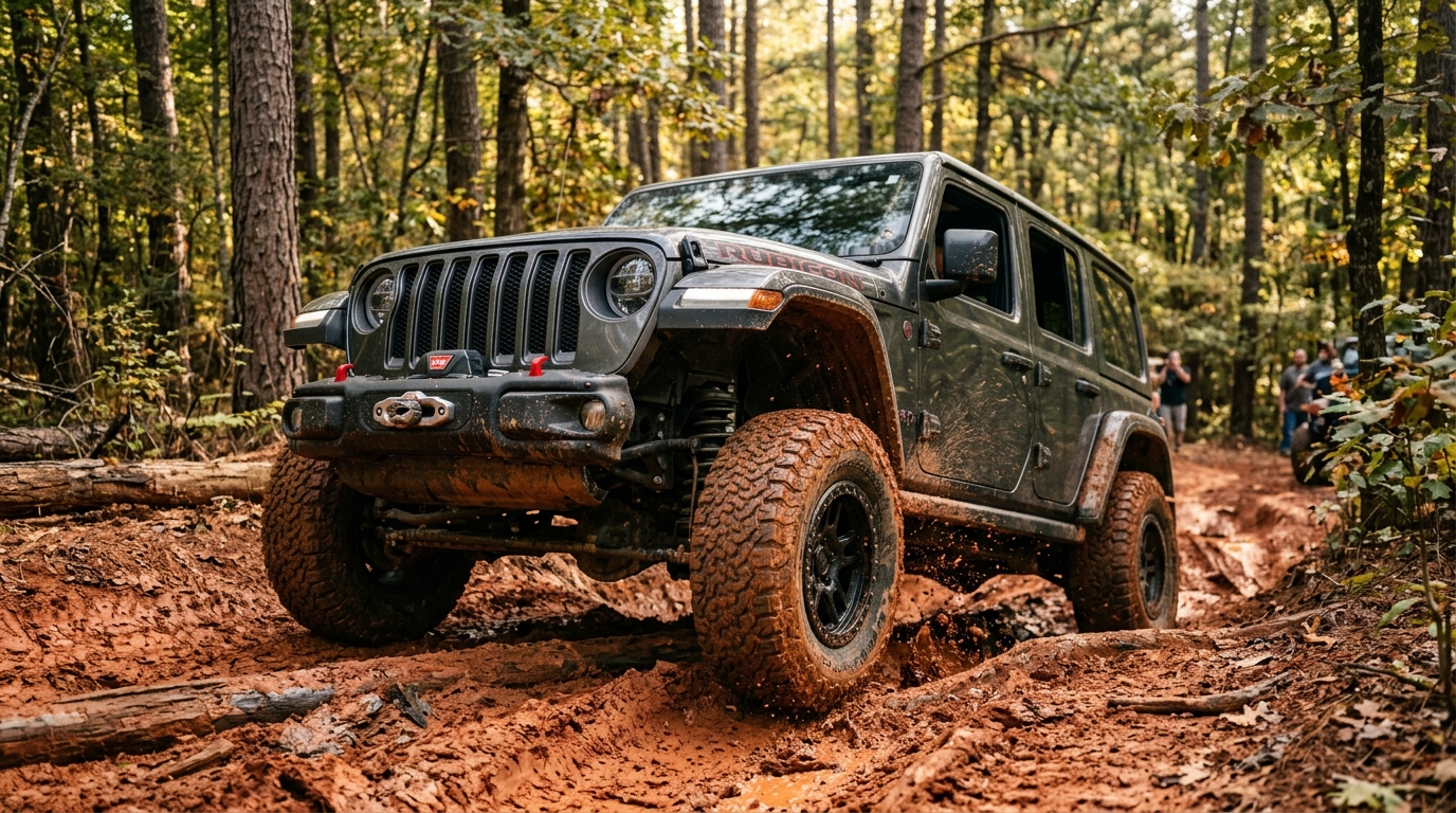 Dark grey Jeep Rubicon driving through a muddy red clay trail in a wooded forest. (Representative image for illustration purposes only. Actual vehicle may vary based on trim and configuration.)