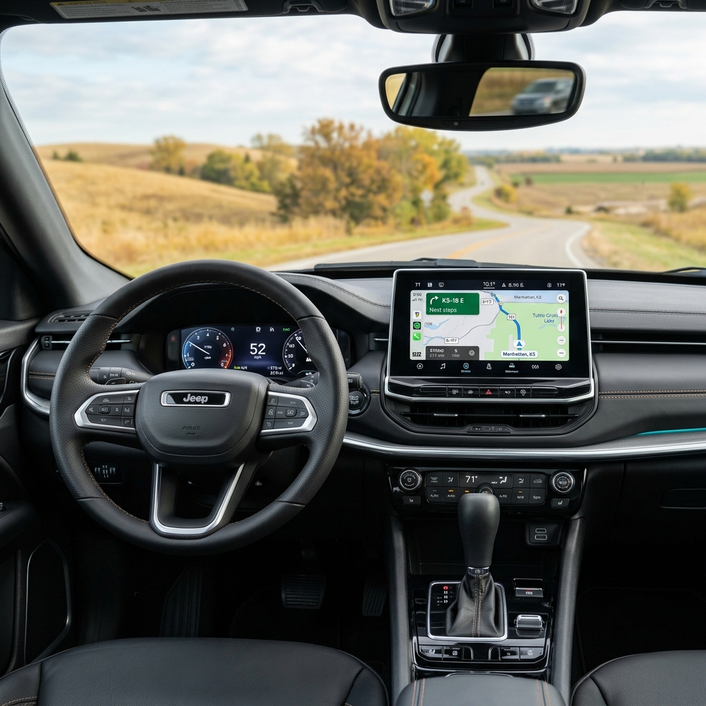 Interior view of a Jeep dashboard showing digital gauges and GPS navigation while driving on a winding rural road. (Representative image for illustration purposes only. Actual vehicle may vary based on trim and configuration.)