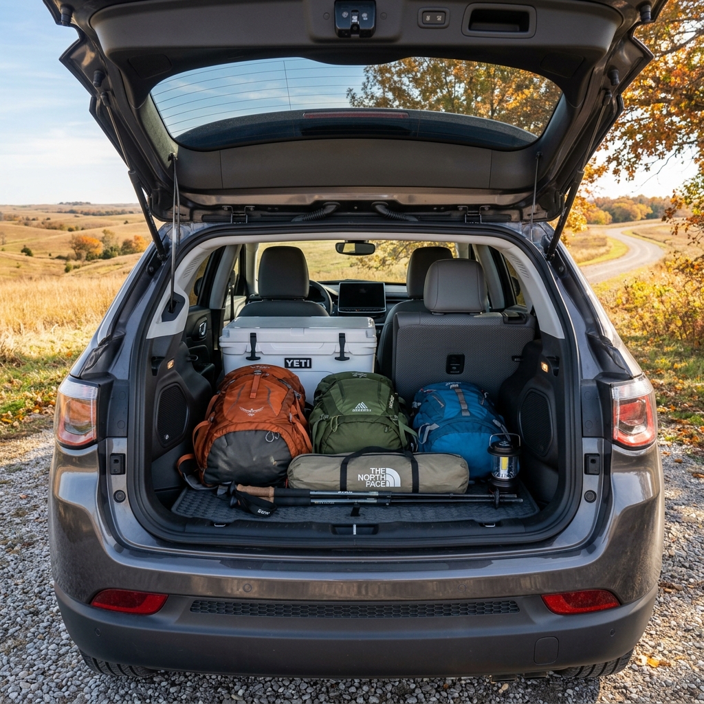 Open trunk of a grey SUV packed with colorful hiking backpacks, a YETI cooler, and camping gear outdoors. (Representative image for illustration purposes only. Actual vehicle may vary based on trim and configuration.)