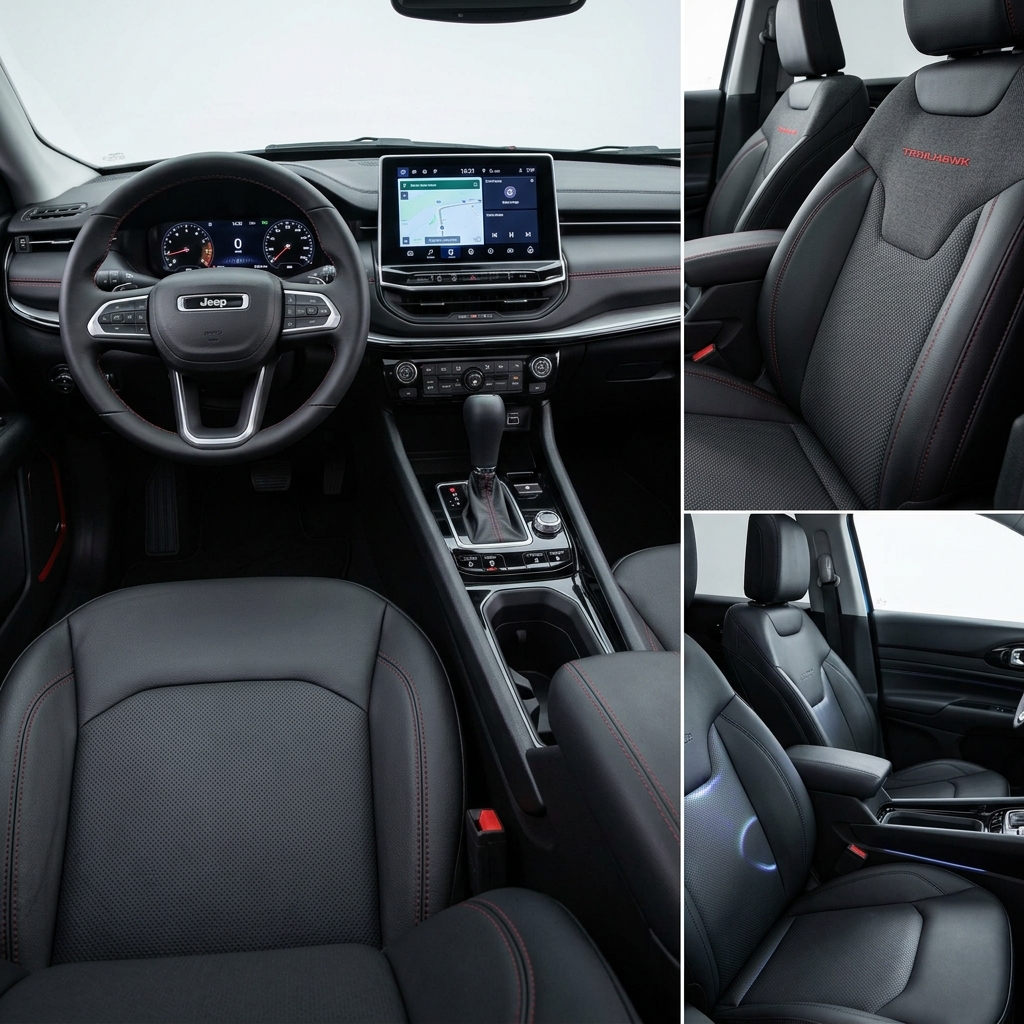 Interior view of a Jeep Trailhawk featuring a digital dashboard, leather seats with red stitching, and central touchscreen. (Representative image for illustration purposes only. Actual vehicle may vary based on trim and configuration.)