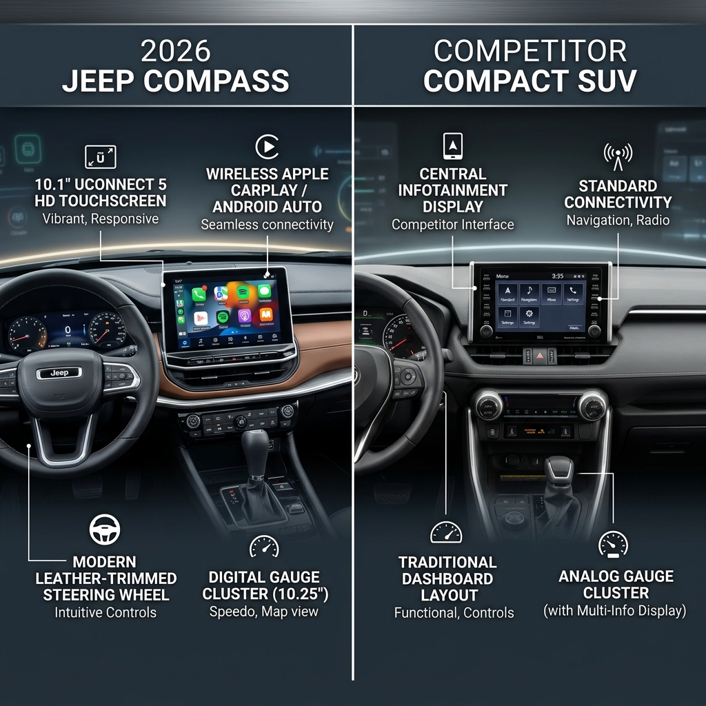 Side-by-side interior comparison graphic between the 2026 Jeep Compass and a competitor compact SUV dashboard. (Representative image for illustration purposes only. Actual vehicle may vary based on trim and configuration.)