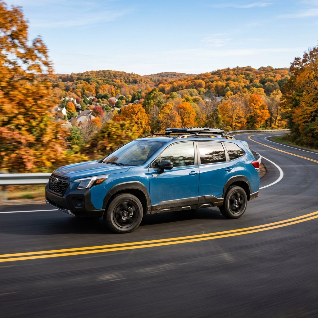 Blue SUV driving on a winding two-lane road surrounded by colorful autumn trees on rolling hills. (Representative image for illustration purposes only. Actual vehicle may vary based on trim and configuration.)