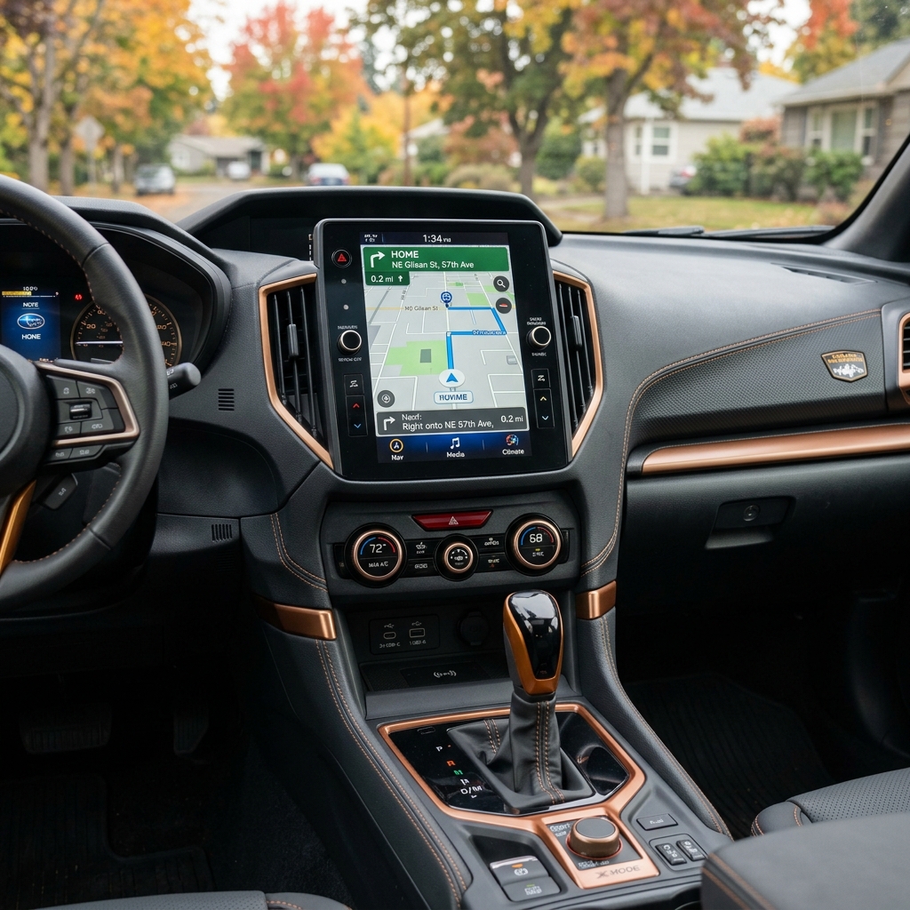 Car interior with a large vertical touchscreen display showing GPS navigation and copper trim accents on the dashboard. (Representative image for illustration purposes only. Actual vehicle may vary based on trim and configuration.)