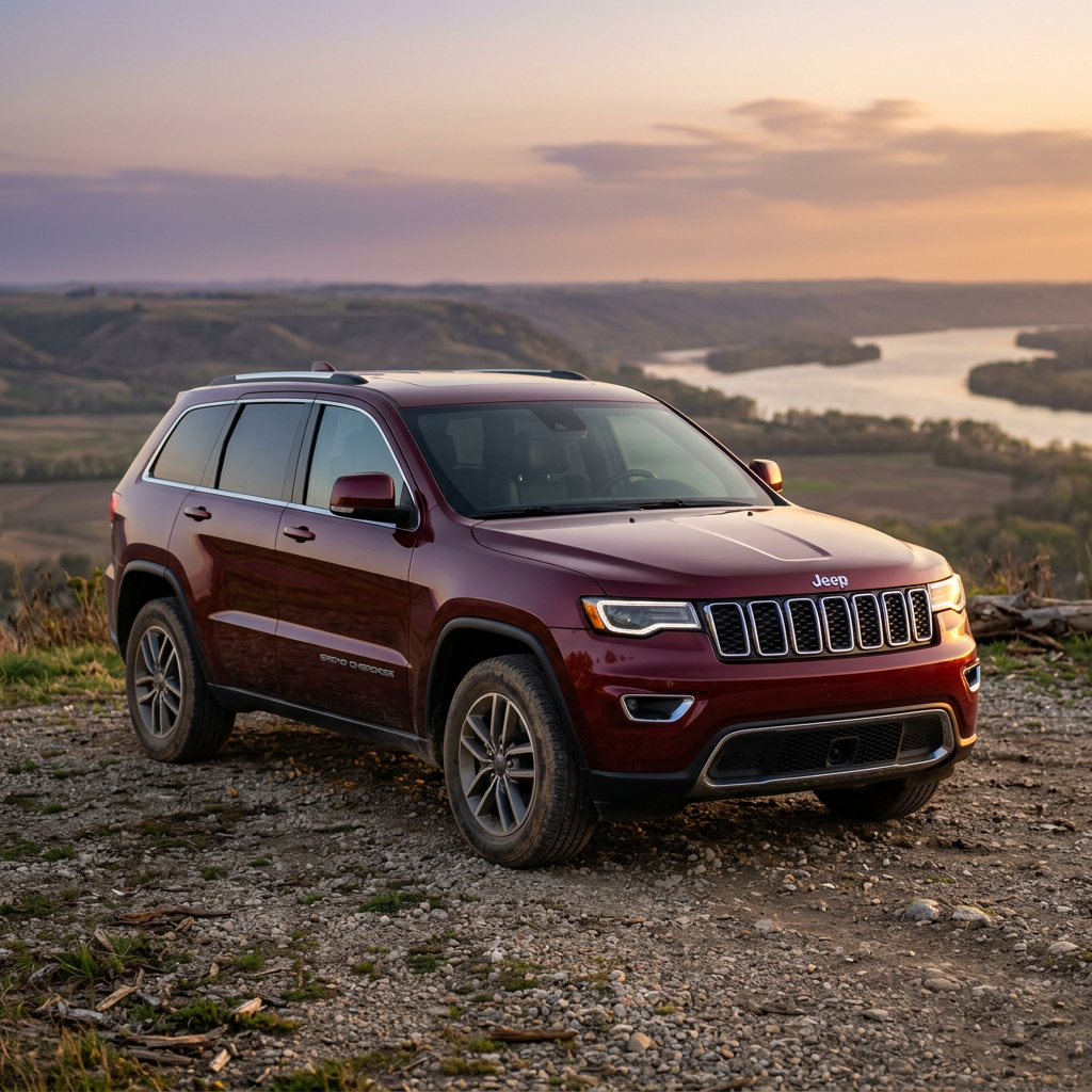 Red Jeep Grand Cherokee parked on a gravel path overlooking a winding river valley at sunset. (Representative image for illustration purposes only. Actual vehicle may vary based on trim and configuration.)