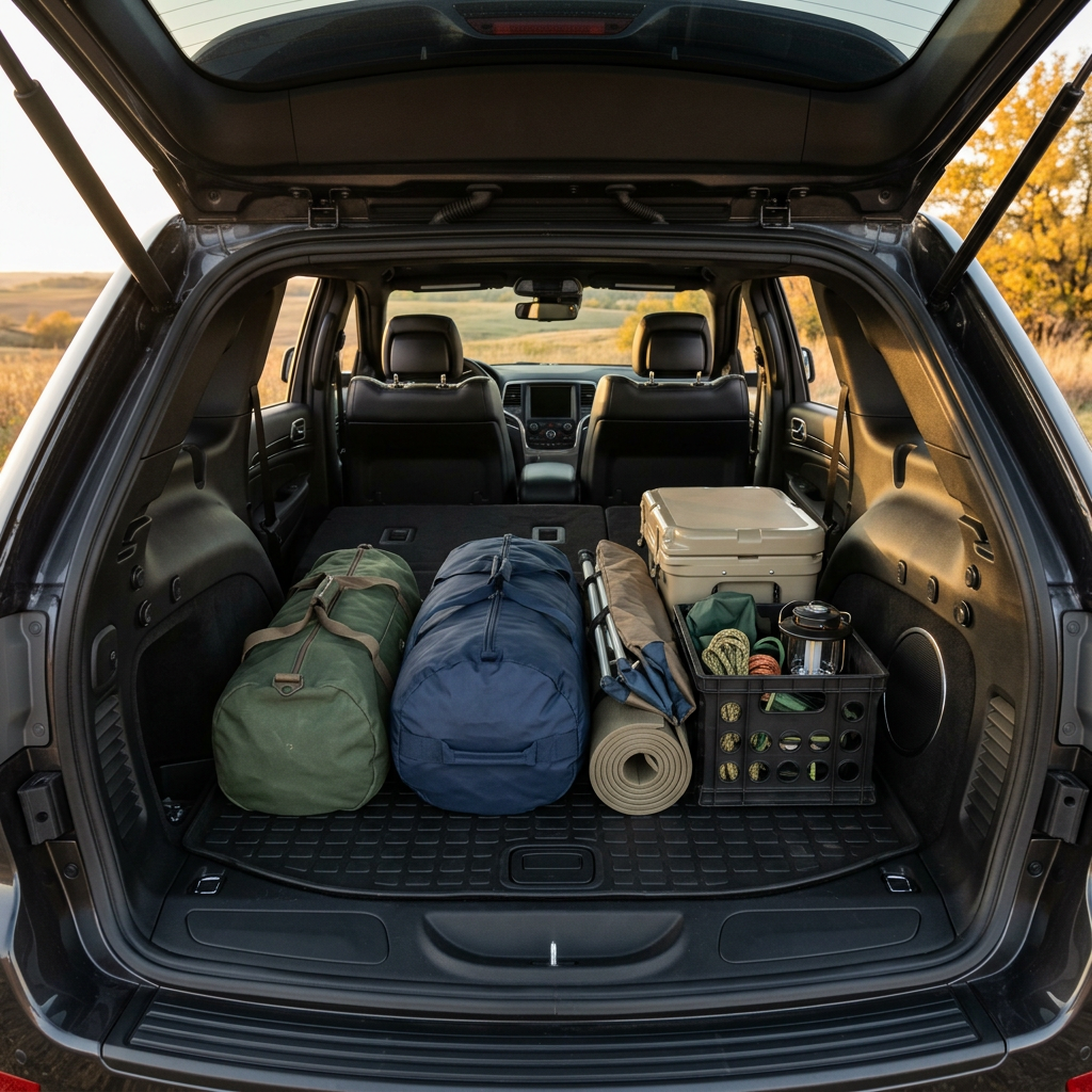 Open trunk of a dark SUV packed neatly with green and blue duffel bags, a camping mat, cooler, and gear crate. (Representative image for illustration purposes only. Actual vehicle may vary based on trim and configuration.)