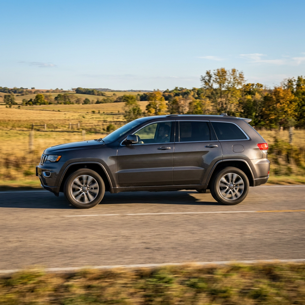 Side profile of a dark grey SUV driving along a paved countryside road past golden fields and trees. (Representative image for illustration purposes only. Actual vehicle may vary based on trim and configuration.)