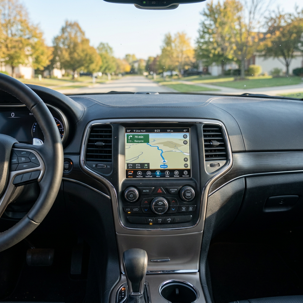 View from driver's seat showing a car dashboard with an active GPS navigation system on a suburban street. (Representative image for illustration purposes only. Actual vehicle may vary based on trim and configuration.)