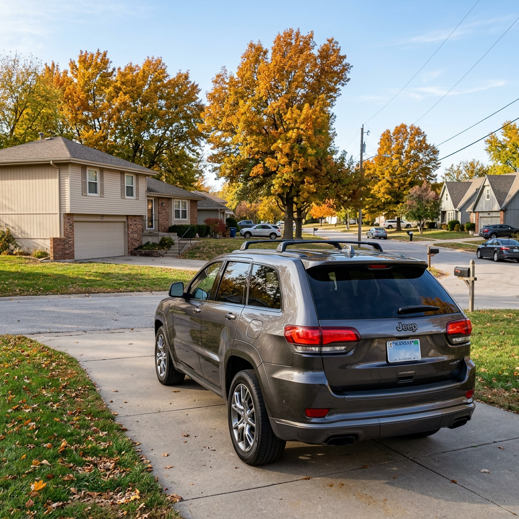 Grey Jeep Grand Cherokee SUV parked on a concrete driveway in a suburban neighborhood with colorful autumn trees. (Representative image for illustration purposes only. Actual vehicle may vary based on trim and configuration.)