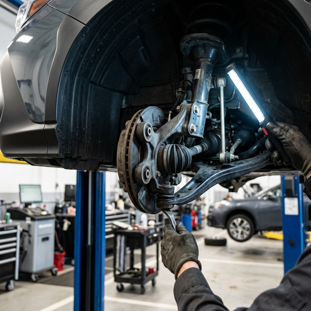 Mechanic wearing gloves uses a pry tool and work light to inspect an elevated car's front suspension assembly. (Representative image for illustration purposes only. Actual vehicle may vary based on trim and configuration.)