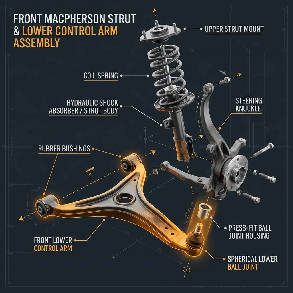 Exploded 3D diagram showing the parts of a MacPherson strut and lower control arm assembly. (Representative image for illustration purposes only. Actual vehicle may vary based on trim and configuration.)