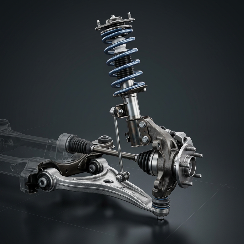 3D render of a car MacPherson strut front suspension system showing shock absorber, coil spring, and control arm. (Representative image for illustration purposes only. Actual vehicle may vary based on trim and configuration.)