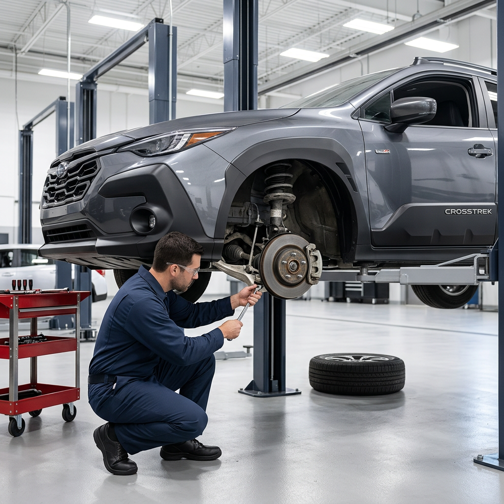 Automotive technician crouching under a grey Subaru Crosstrek on a vehicle lift to repair the suspension. (Representative image for illustration purposes only. Actual vehicle may vary based on trim and configuration.)