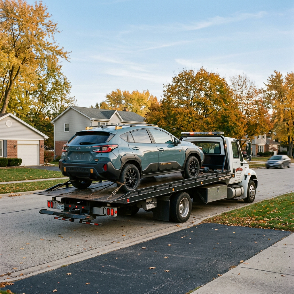 A blue-gray Subaru Crosstrek Wilderness SUV secured on the back of a flatbed tow truck along a suburban street. (Representative image for illustration purposes only. Actual vehicle may vary based on trim and configuration.)