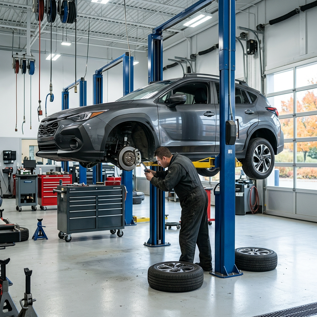 A mechanic using a flashlight to inspect the front brake assembly of a gray car raised on a hydraulic lift. (Representative image for illustration purposes only. Actual vehicle may vary based on trim and configuration.)