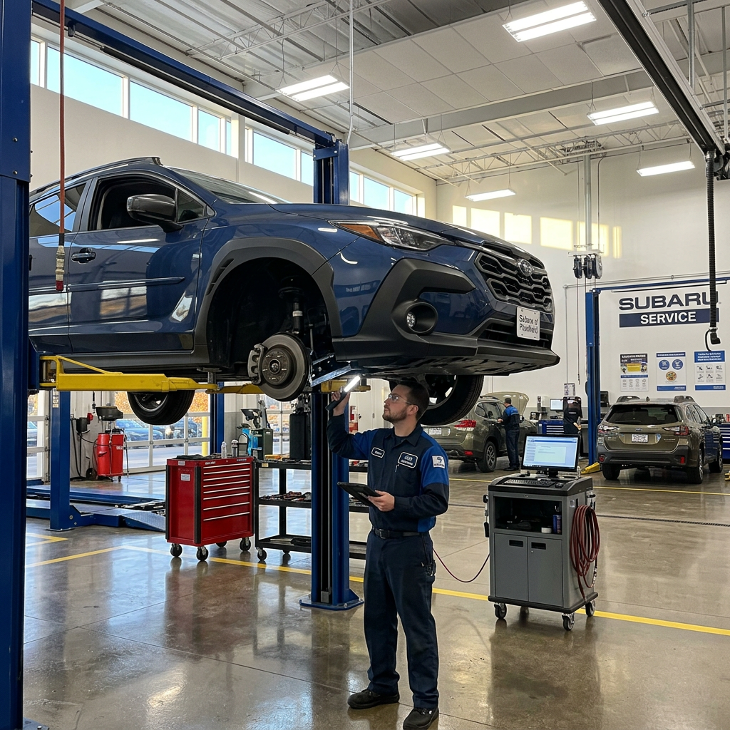 Automotive technician using a flashlight to inspect the undercarriage of a blue SUV raised on a vehicle lift. (Representative image for illustration purposes only. Actual vehicle may vary based on trim and configuration.)