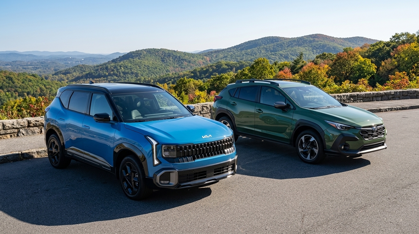 Blue Kia SUV and green Subaru Crosstrek parked at a scenic mountain overlook on a sunny day. (Representative image for illustration purposes only. Actual vehicle may vary based on trim and configuration.)