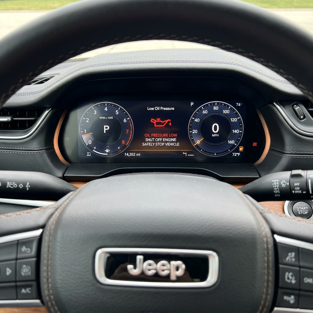 Jeep digital dashboard displaying a red oil icon and a Low Oil Pressure - Shut Off Engine warning message. (Representative image for illustration purposes only. Actual vehicle may vary based on trim and configuration.)