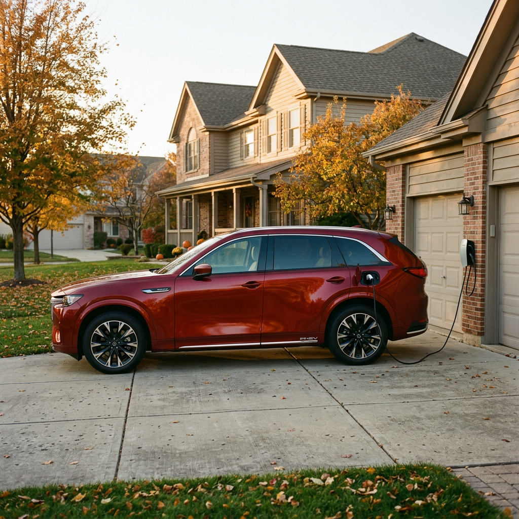 Red plug-in hybrid SUV charging in a suburban driveway during autumn. (Representative image for illustration purposes only. Actual vehicle may vary based on trim and configuration.)