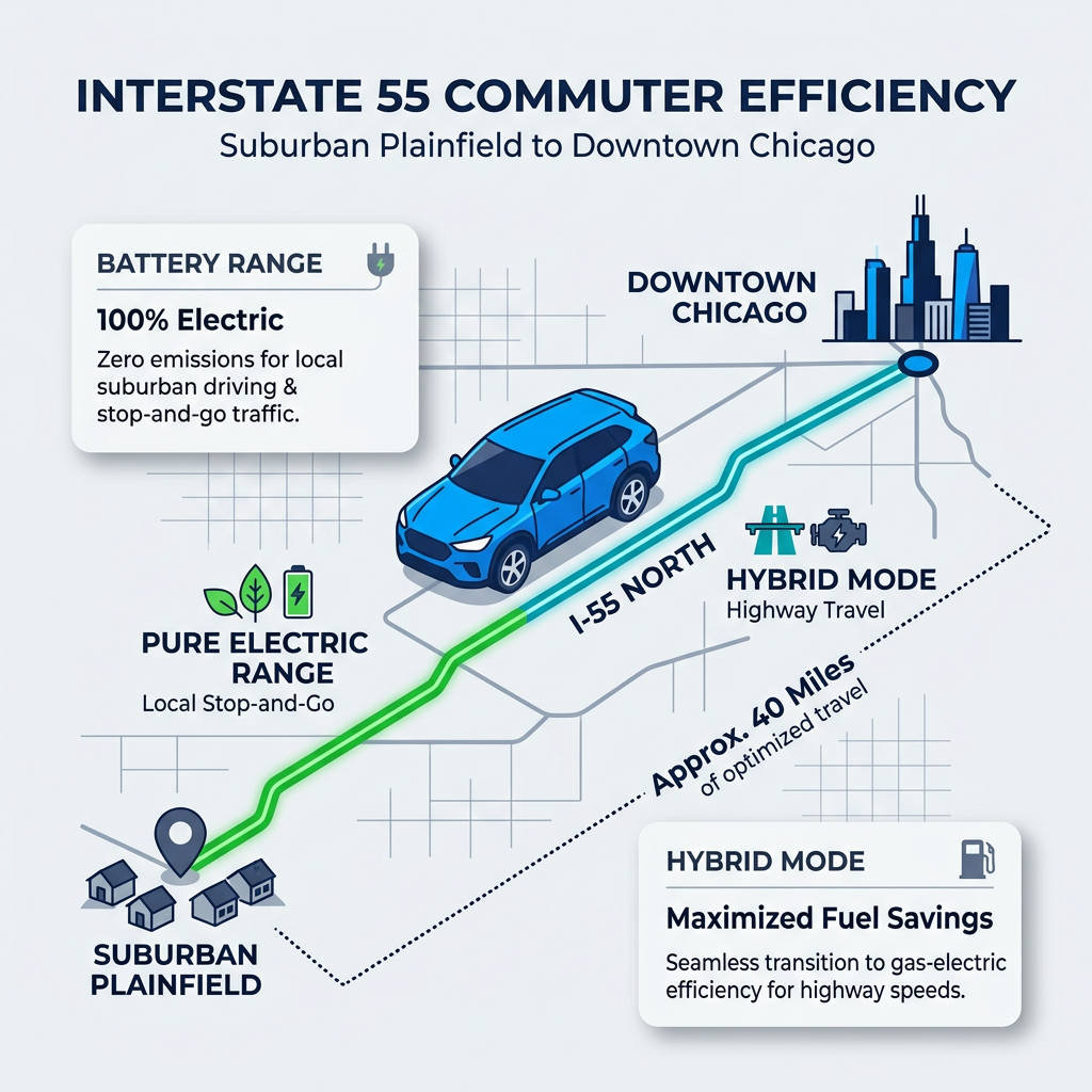 Infographic showing electric and hybrid driving modes for a 40-mile commute from Plainfield to Chicago on I-55. (Representative image for illustration purposes only. Actual vehicle may vary based on trim and configuration.)