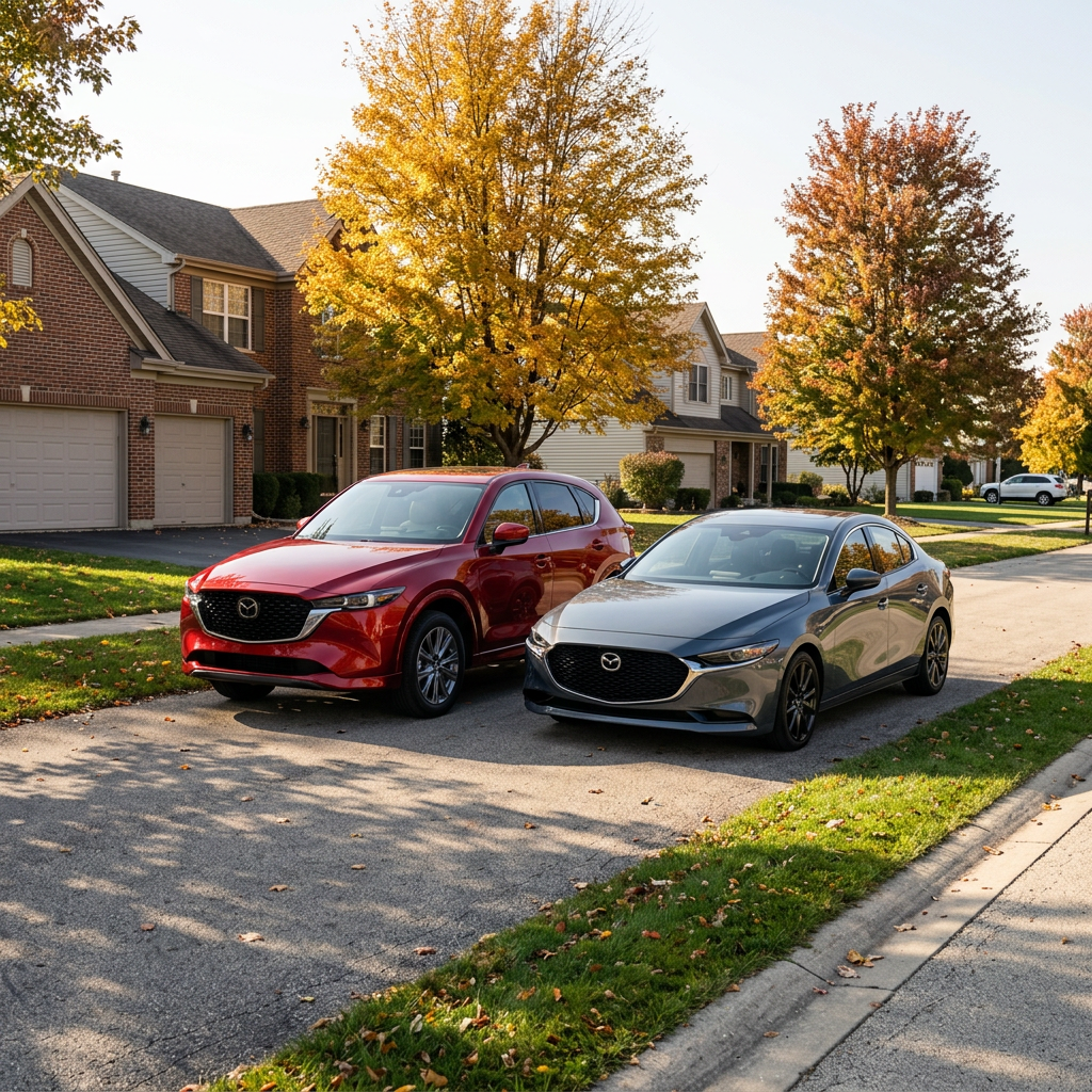 Red Mazda crossover SUV and dark grey Mazda sedan parked together on a suburban street during fall. (Representative image for illustration purposes only. Actual vehicle may vary based on trim and configuration.)
