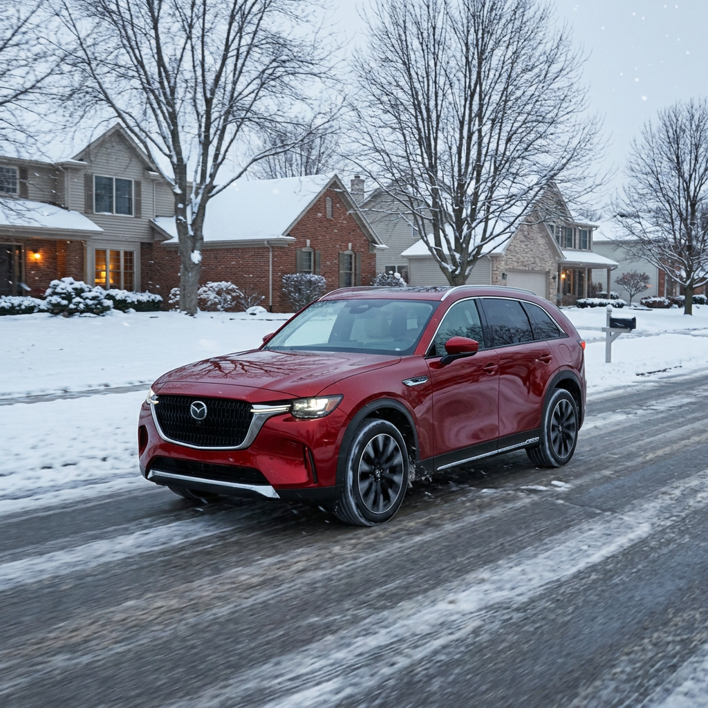 Red Mazda SUV driving along a snow-covered suburban road flanked by winter trees and residential houses. (Representative image for illustration purposes only. Actual vehicle may vary based on trim and configuration.)