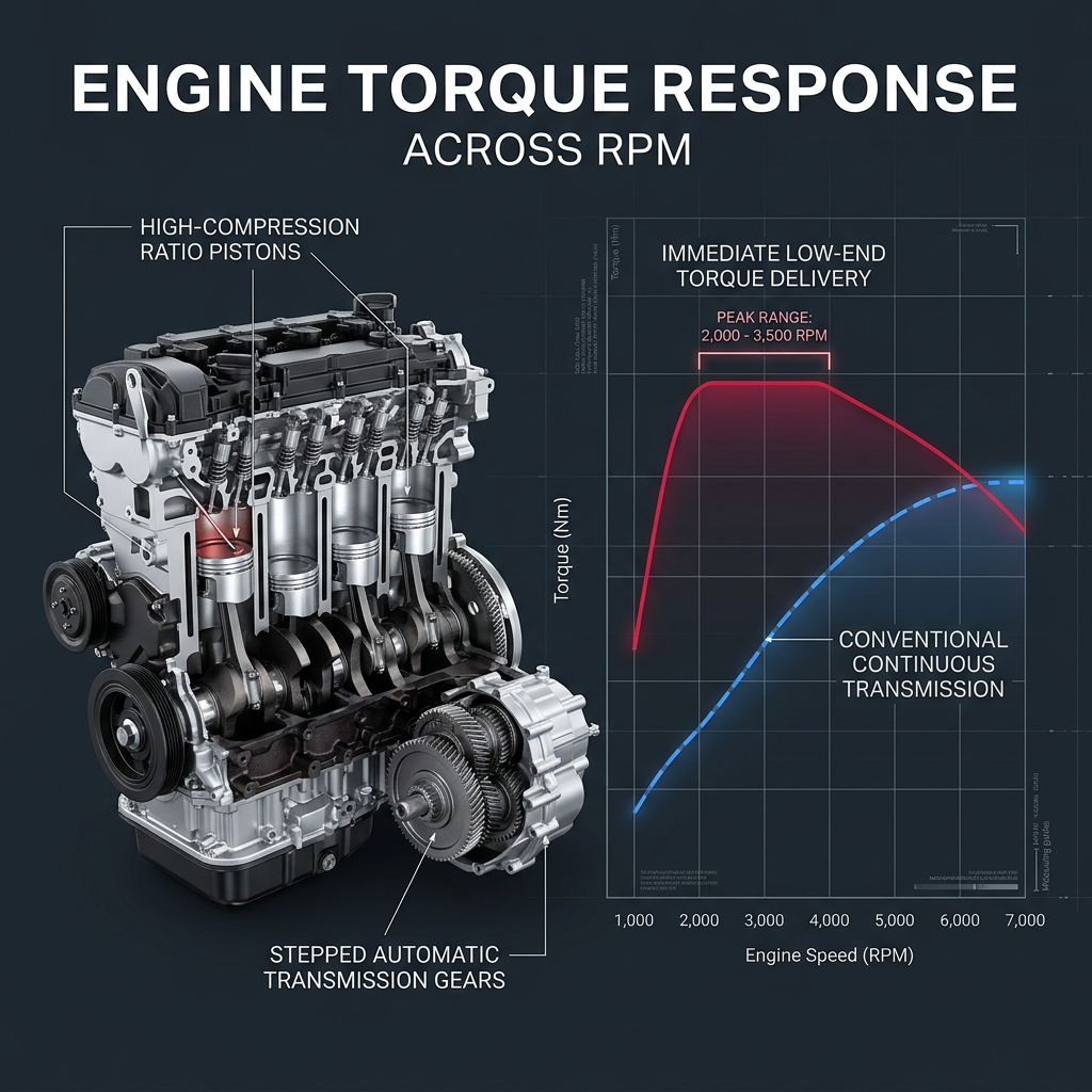 Diagram comparing engine torque response across RPM between immediate low-end delivery and conventional transmission. (Representative image for illustration purposes only. Actual vehicle may vary based on trim and configuration.)
