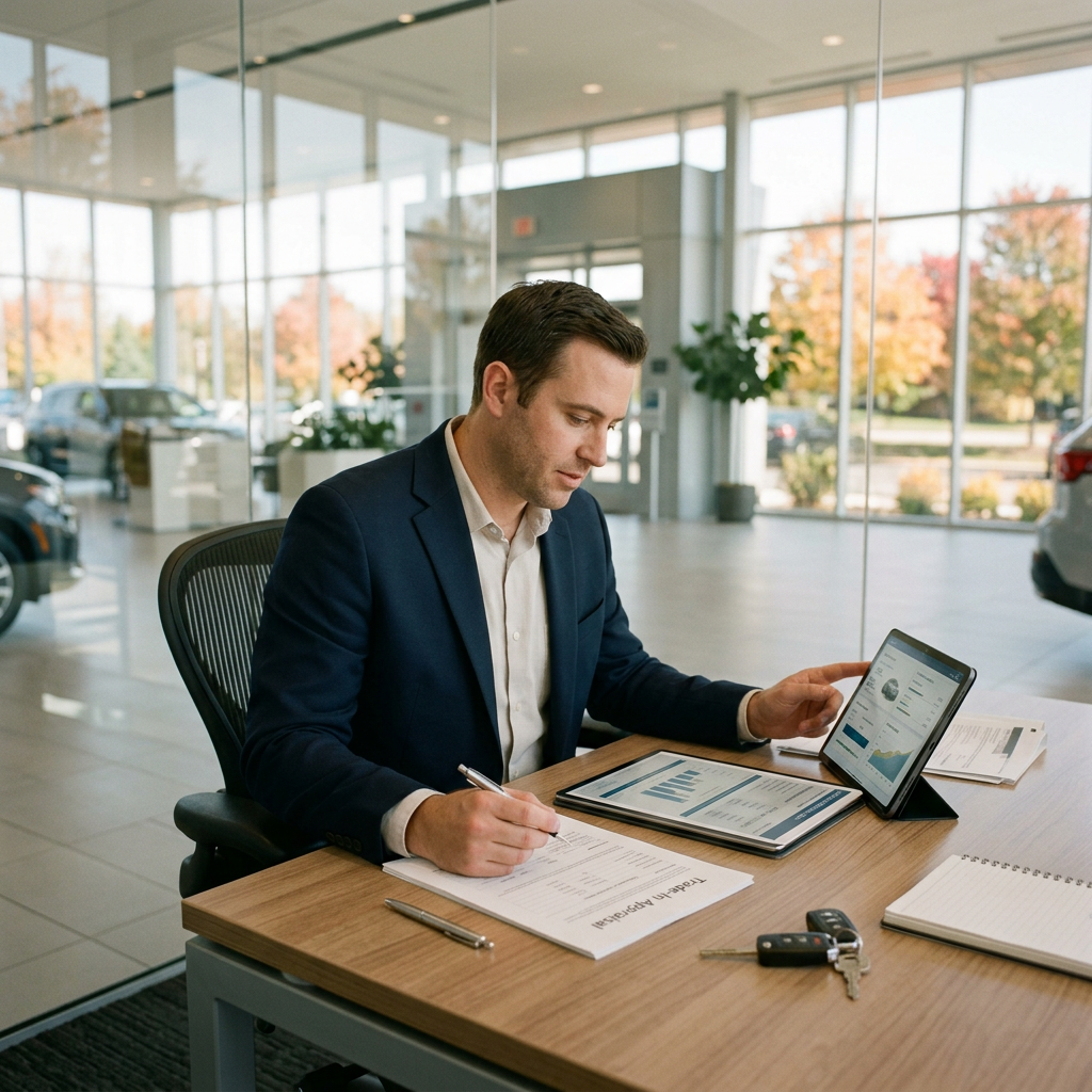 Man in a suit reviewing trade-in appraisal documents and a tablet at a car dealership desk. (Representative image for illustration purposes only. Actual vehicle may vary based on trim and configuration.)