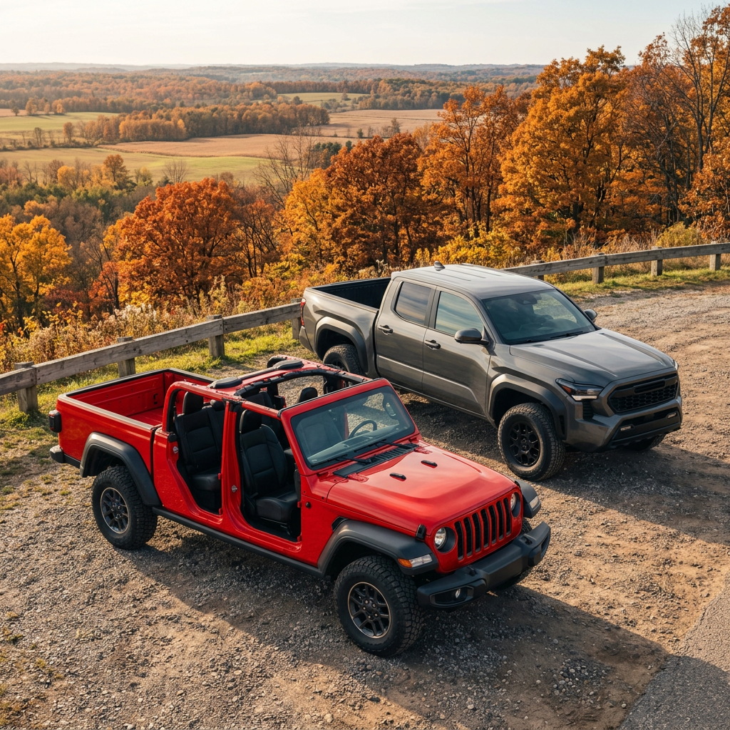 A red open-air Jeep Gladiator and a gray Toyota Tacoma parked at a scenic autumn overlook. (Representative image for illustration purposes only. Actual vehicle may vary based on trim and configuration.)