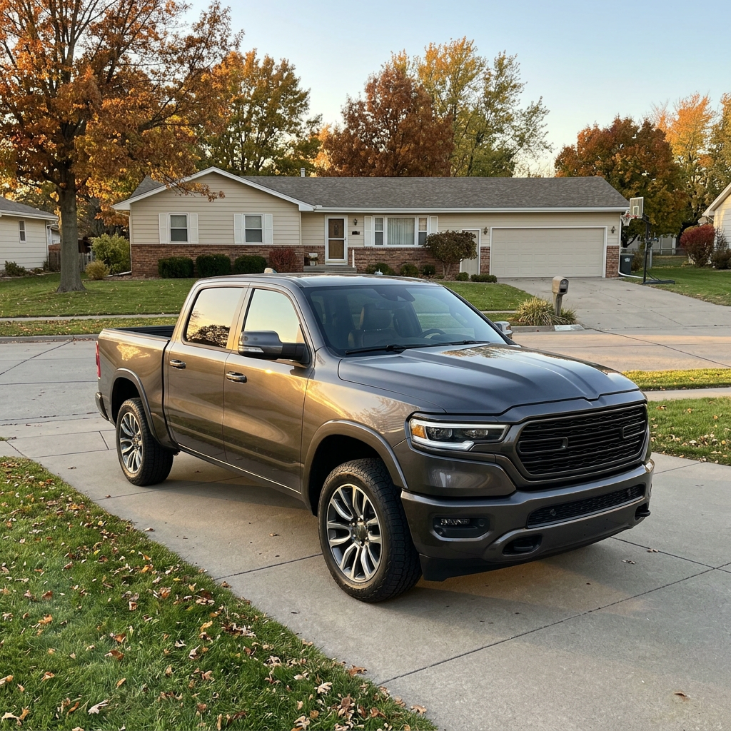 Dark grey Ram 1500 pickup truck parked on a concrete driveway in front of a suburban house during fall. (Representative image for illustration purposes only. Actual vehicle may vary based on trim and configuration.)