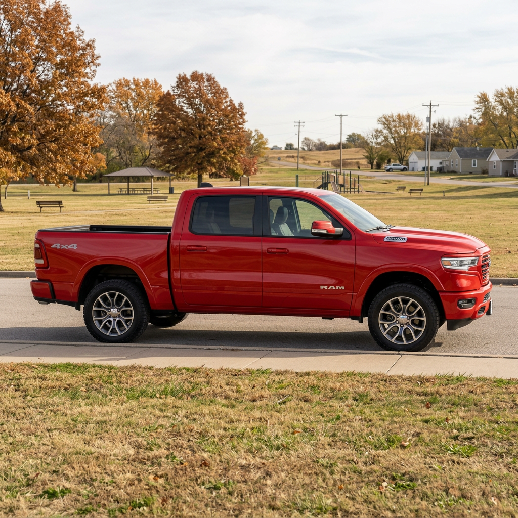 Side profile of a shiny red Ram 1500 4x4 pickup truck parked along a street near a park in autumn. (Representative image for illustration purposes only. Actual vehicle may vary based on trim and configuration.)