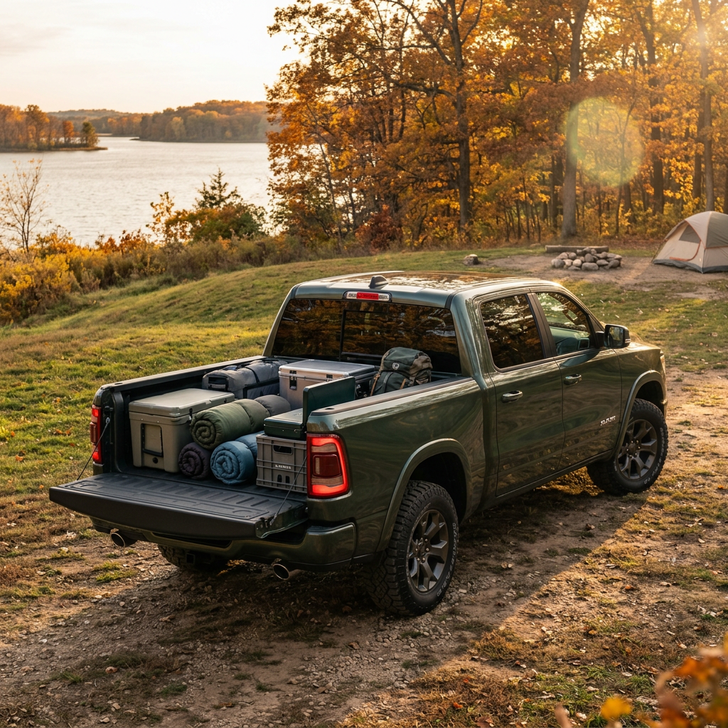 A dark green RAM pickup truck with an open bed full of camping gear parked in a scenic autumn landscape by a lake. (Representative image for illustration purposes only. Actual vehicle may vary based on trim and configuration.)