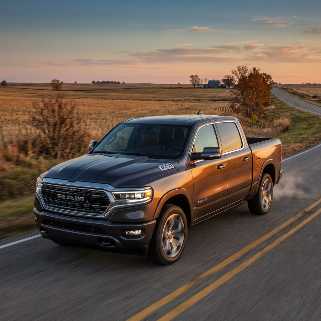 A dark grey Ram pickup truck driving down a rural paved road at sunset with golden light reflecting off its side. (Representative image for illustration purposes only. Actual vehicle may vary based on trim and configuration.)