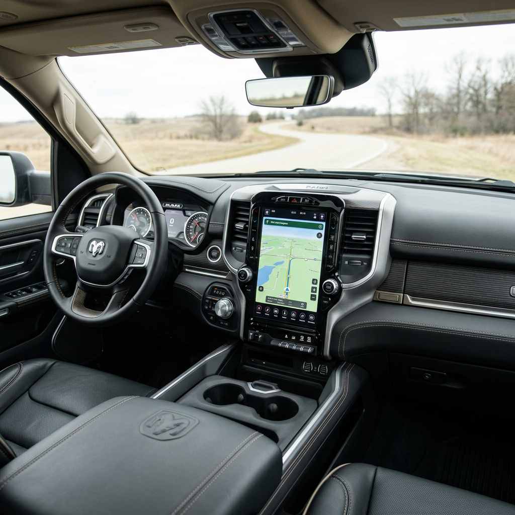 Interior view from the driver's seat of a modern Ram truck featuring a large touchscreen navigation display. (Representative image for illustration purposes only. Actual vehicle may vary based on trim and configuration.)