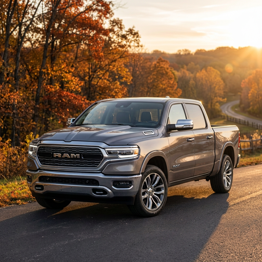 Grey metallic Ram pickup truck parked on a country road surrounded by colorful autumn trees at sunset. (Representative image for illustration purposes only. Actual vehicle may vary based on trim and configuration.)