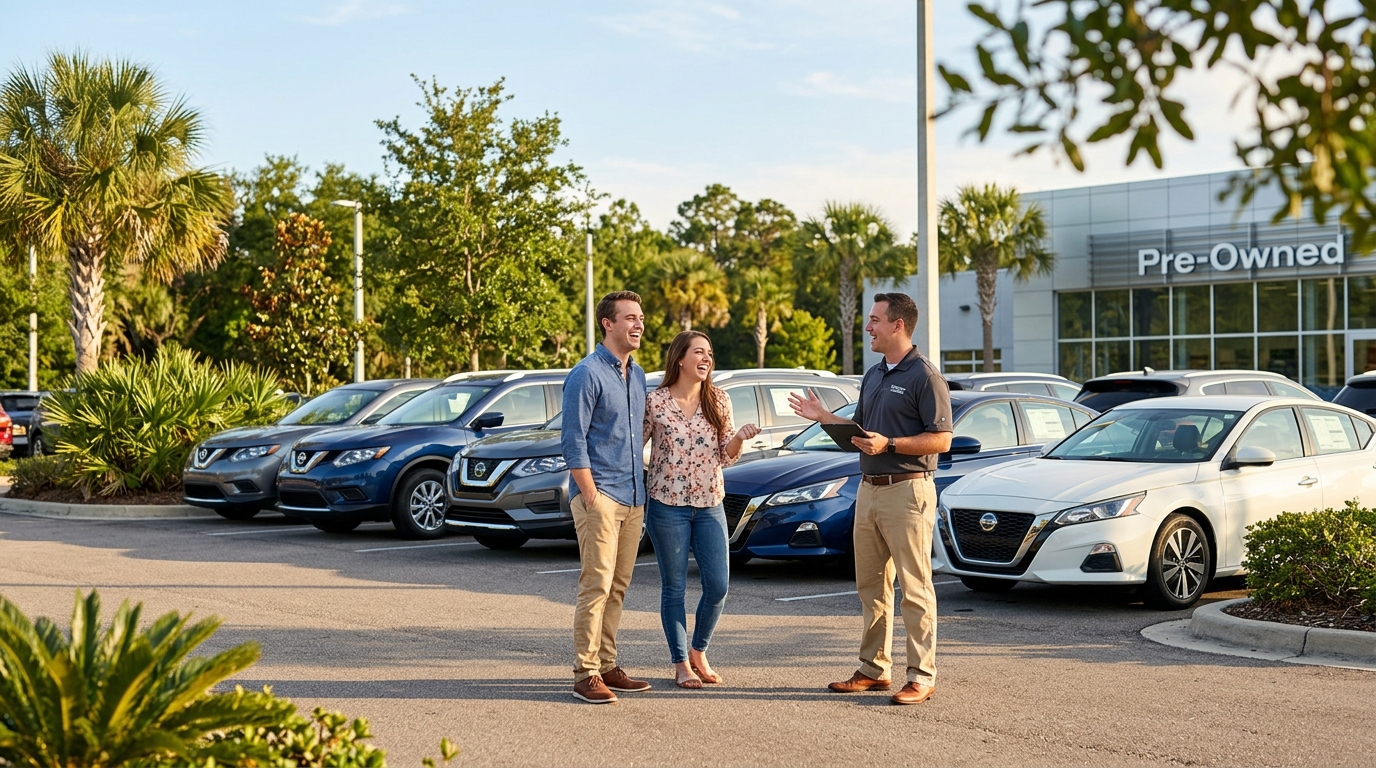 A smiling couple talks with a car salesman on a sunny pre-owned vehicle dealership lot. (Representative image for illustration purposes only. Actual vehicle may vary based on trim and configuration.)