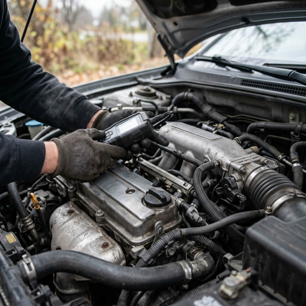 Gloved hands holding an OBD2 diagnostic code reader over an open car engine bay during vehicle maintenance. (Representative image for illustration purposes only. Actual vehicle may vary based on trim and configuration.)