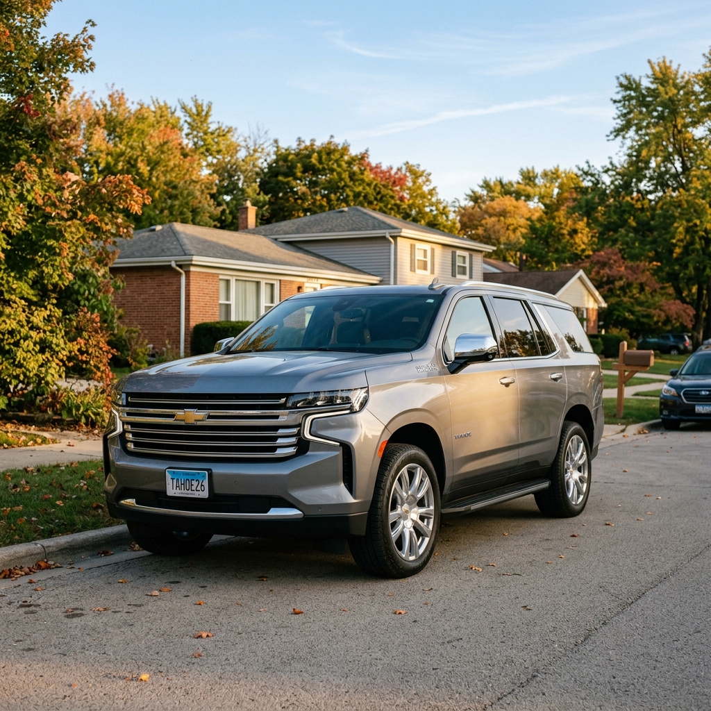 A silver Chevrolet Tahoe parked along a curb on a quiet residential street framed by autumn trees. (Representative image for illustration purposes only. Actual vehicle may vary based on trim and configuration.)