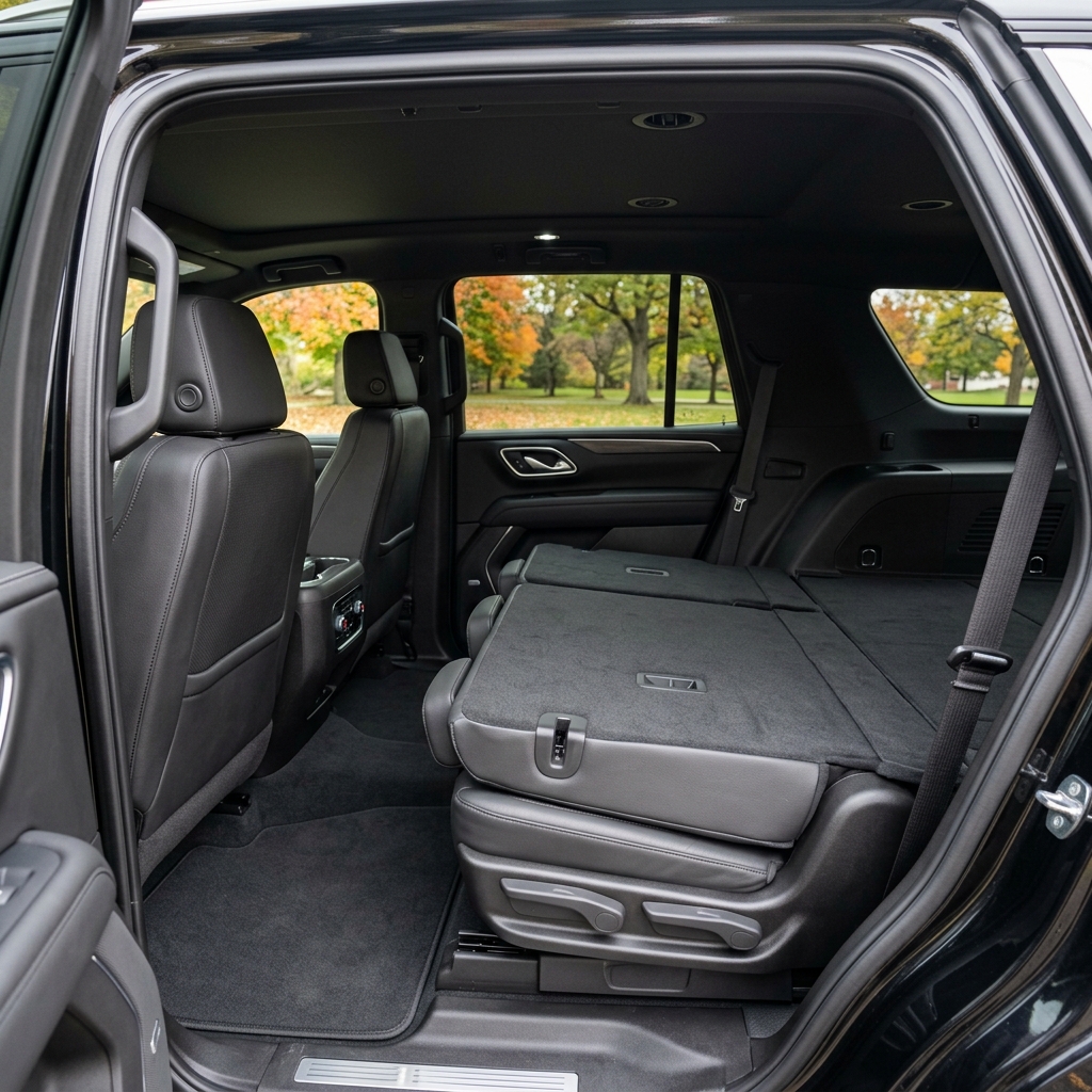 Interior of a black SUV showing second and third-row seats folded flat to expand cargo capacity. (Representative image for illustration purposes only. Actual vehicle may vary based on trim and configuration.)