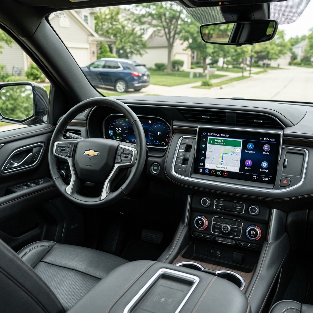 Interior view of a Chevrolet SUV showing the leather steering wheel, digital dashboard, touchscreen, and center console. (Representative image for illustration purposes only. Actual vehicle may vary based on trim and configuration.)
