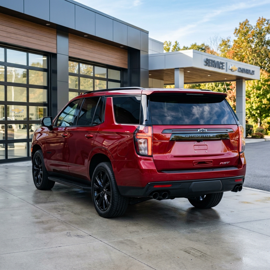 Red Chevrolet Tahoe RST SUV parked outside a dealership service bay with black rims and dual exhaust. (Representative image for illustration purposes only. Actual vehicle may vary based on trim and configuration.)