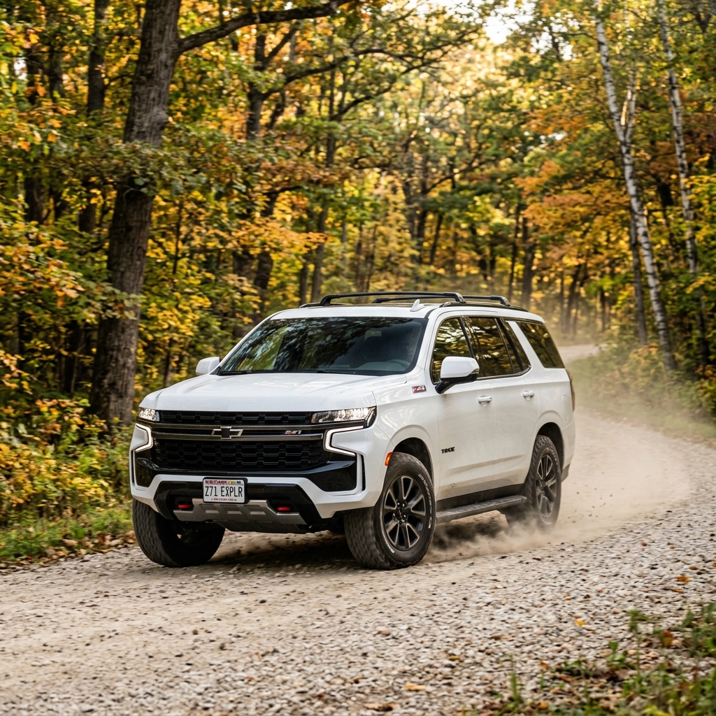 White Chevrolet Tahoe Z71 SUV driving along a dusty gravel road through an autumn forest. (Representative image for illustration purposes only. Actual vehicle may vary based on trim and configuration.)