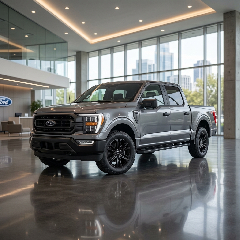 Grey Ford F-150 pickup truck parked inside a modern dealership showroom with high ceilings and glass windows. (Representative image for illustration purposes only. Actual vehicle may vary based on trim and configuration.)