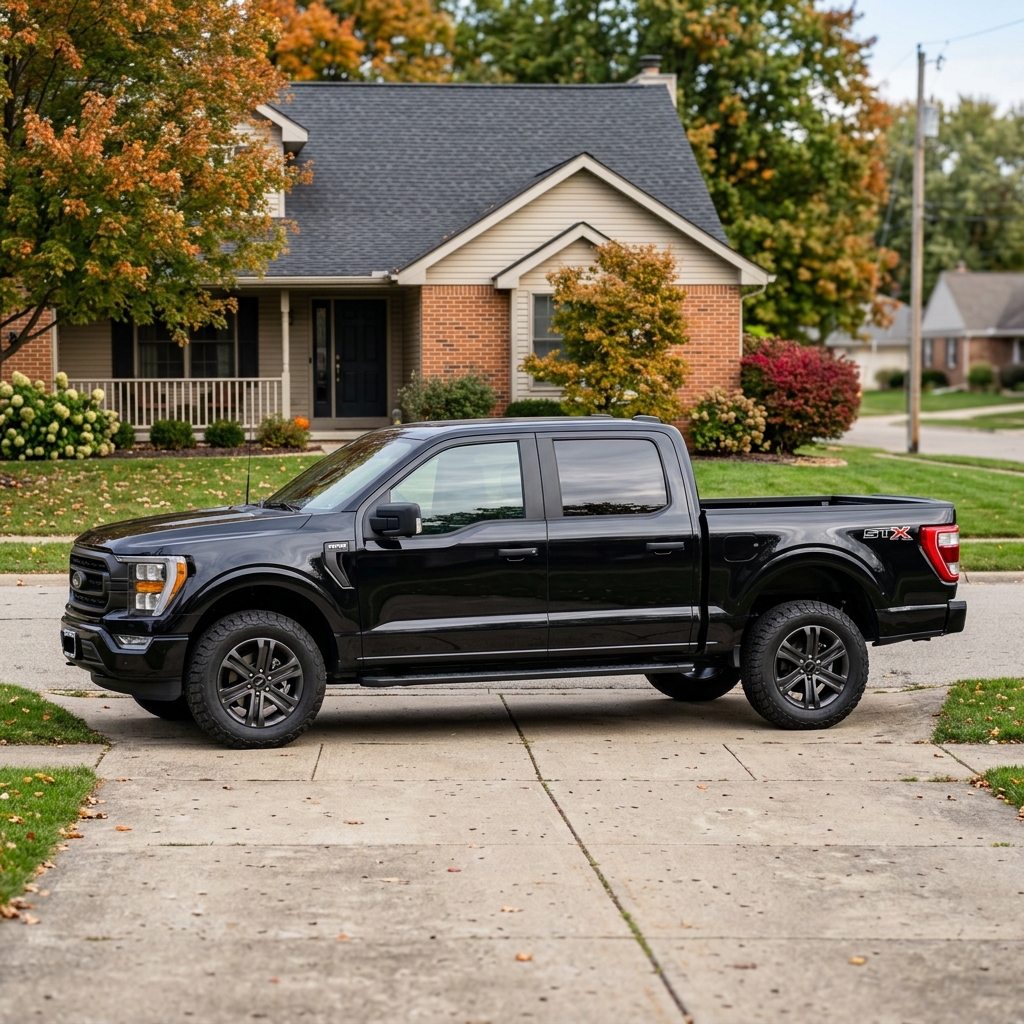 Black Ford F-150 STX pickup truck parked on a concrete driveway in front of a suburban house during autumn. (Representative image for illustration purposes only. Actual vehicle may vary based on trim and configuration.)