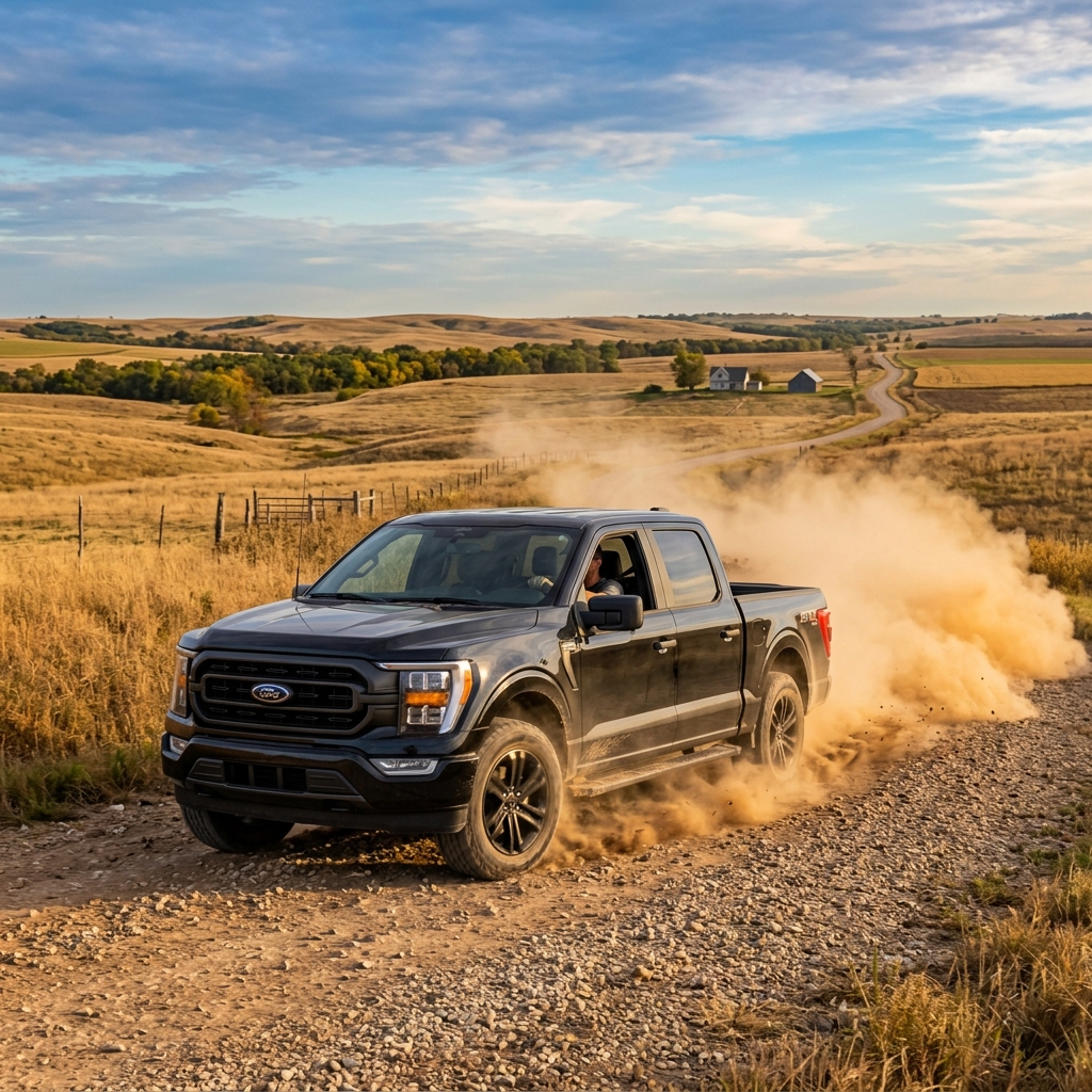 Dark Ford F-150 pickup truck driving on a gravel road through rolling countryside, kicking up a large cloud of dust. (Representative image for illustration purposes only. Actual vehicle may vary based on trim and configuration.)