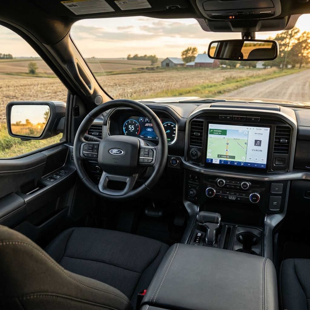 Driver's view inside a modern Ford truck with digital screens driving along a rural country dirt road at sunset. (Representative image for illustration purposes only. Actual vehicle may vary based on trim and configuration.)