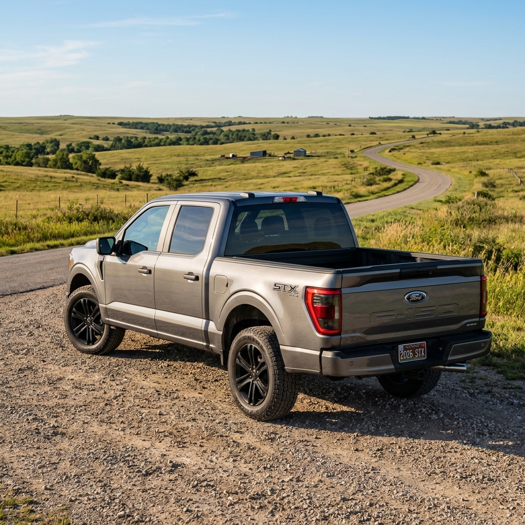 A metallic grey Ford F-150 STX pickup truck parked on a gravel pullout alongside a scenic rural road. (Representative image for illustration purposes only. Actual vehicle may vary based on trim and configuration.)