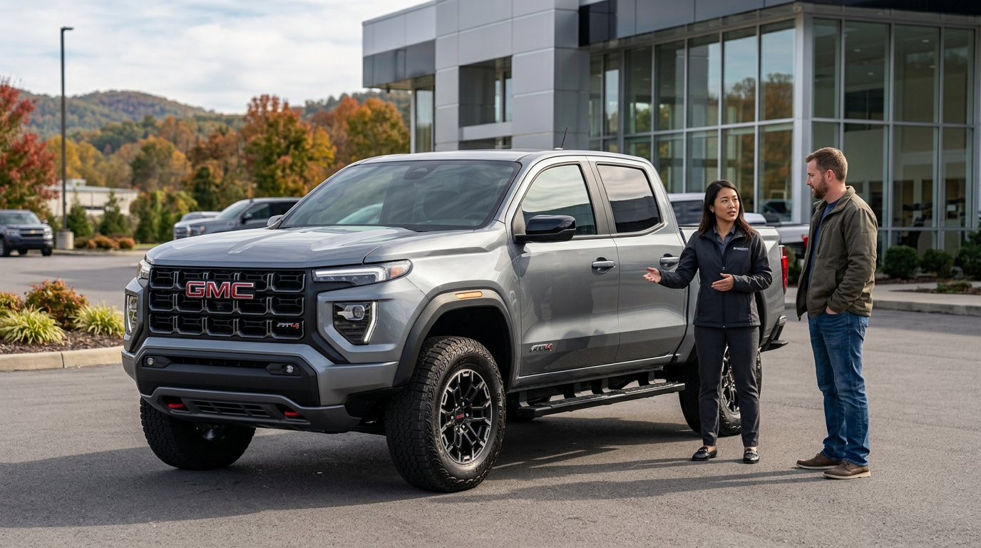A dealership sales representative showing a new silver GMC AT4 pickup truck to a male customer in a car lot. (Representative image for illustration purposes only. Actual vehicle may vary based on trim and configuration.)