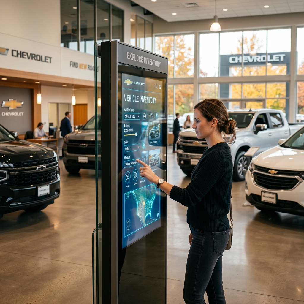 A woman uses an interactive vehicle inventory touchscreen kiosk inside a Chevrolet car dealership showroom. (Representative image for illustration purposes only. Actual vehicle may vary based on trim and configuration.)