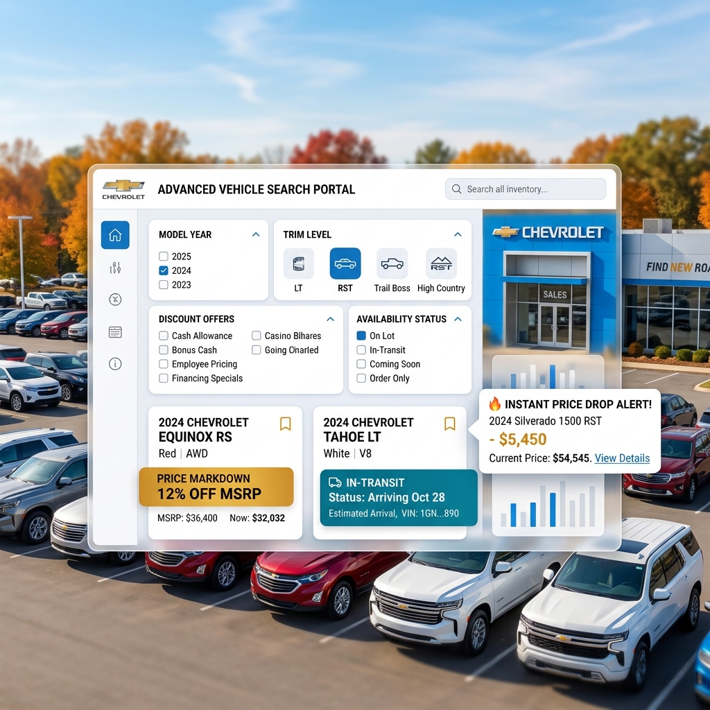 Digital UI overlay for a Chevrolet vehicle search portal over an outdoor dealership lot. (Representative image for illustration purposes only. Actual vehicle may vary based on trim and configuration.)